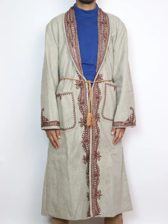 Kashmiri White Tweed Gown | Bathrobe with Hand Aari Embroidery