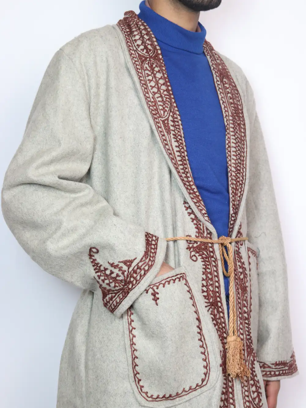 Kashmiri White Tweed Gown | Bathrobe with Hand Aari Embroidery - Image 2