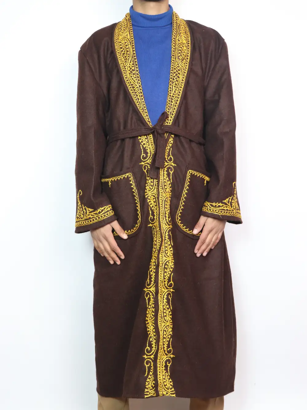 Kashmiri Wine Winter Gown | Bathrobe for Men with Hand Aari Embroidery