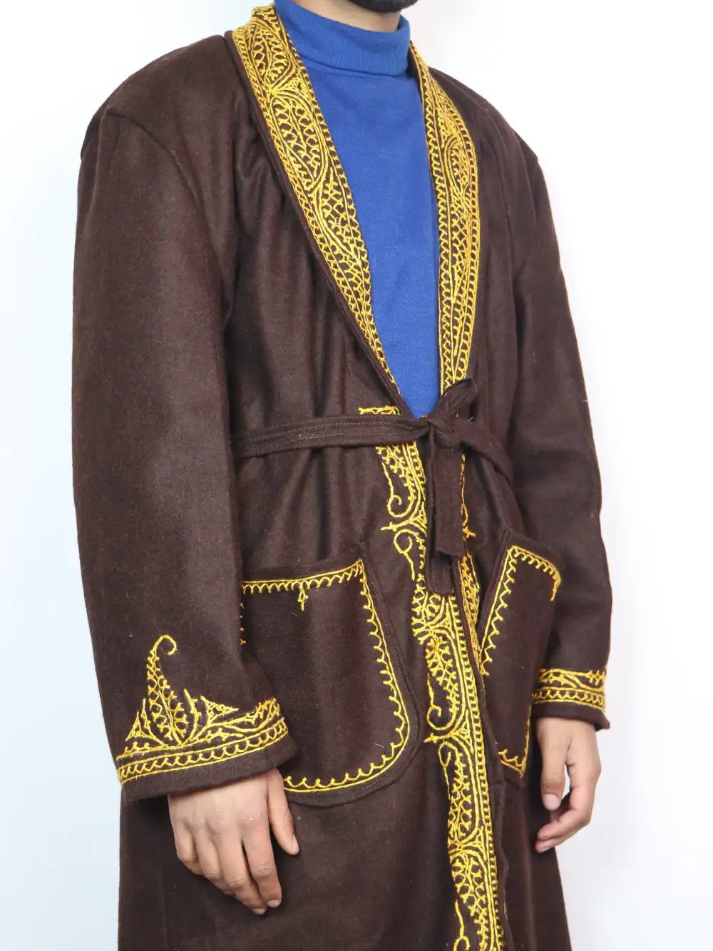 Kashmiri Dark Chocolate Winter Gown | Bathrobe for Men with Hand Aari Embroidery - Image 2