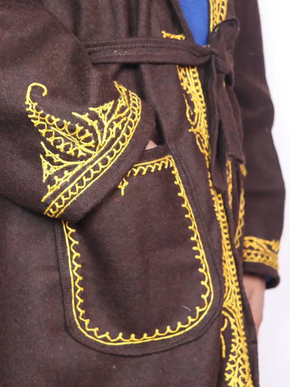 Kashmiri Dark Chocolate Winter Gown | Bathrobe for Men with Hand Aari Embroidery - Image 3