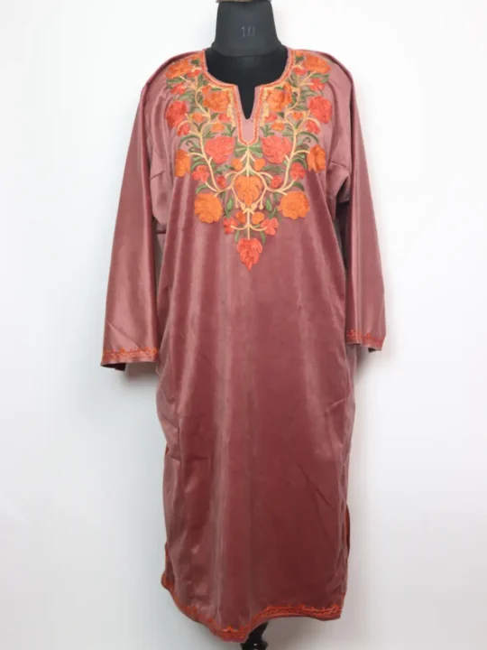 Uzmah Kashmiri Aari Work Pink Pheran in Velvet