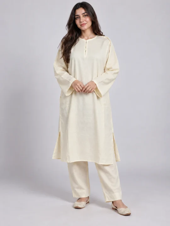 White Kashmiri Plain 2pc Pheran Set in Cashmilon Wool