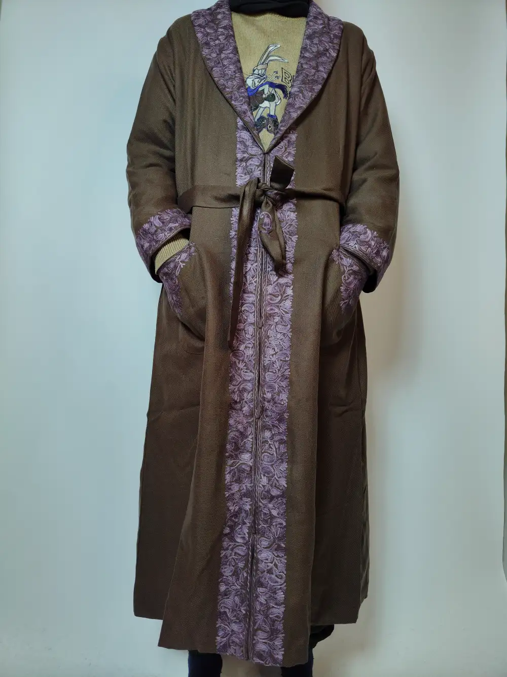 Hinah Brown Gown | Bathrobe Aari Embroidered in Cashmilon Wool