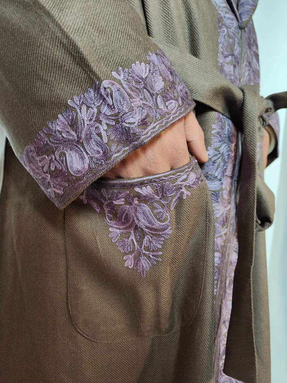 Hinah Brown Gown | Bathrobe Aari Embroidered in Cashmilon Wool - Image 2