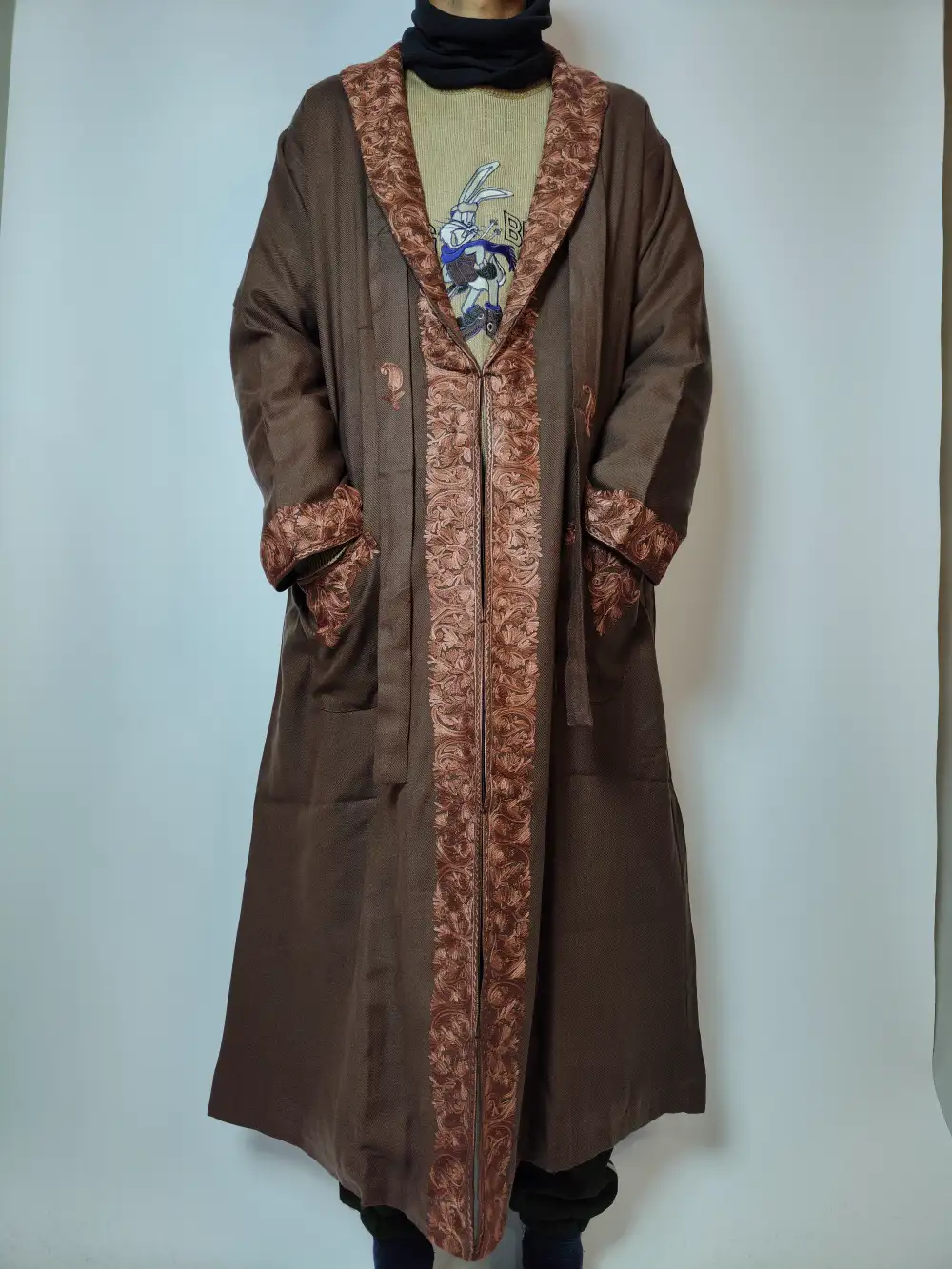 Sarapa Chocolate Brown Gown | Bathrobe Aari Embroidered in Cashmilon Wool