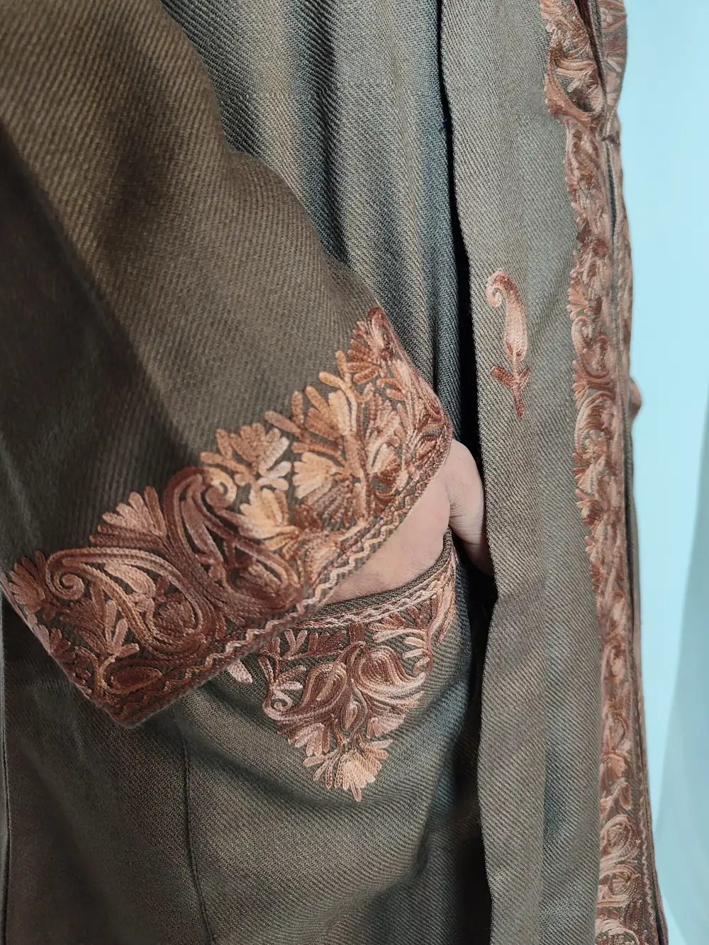 Sarapa Chocolate Brown Gown | Bathrobe Aari Embroidered in Cashmilon Wool - Image 2