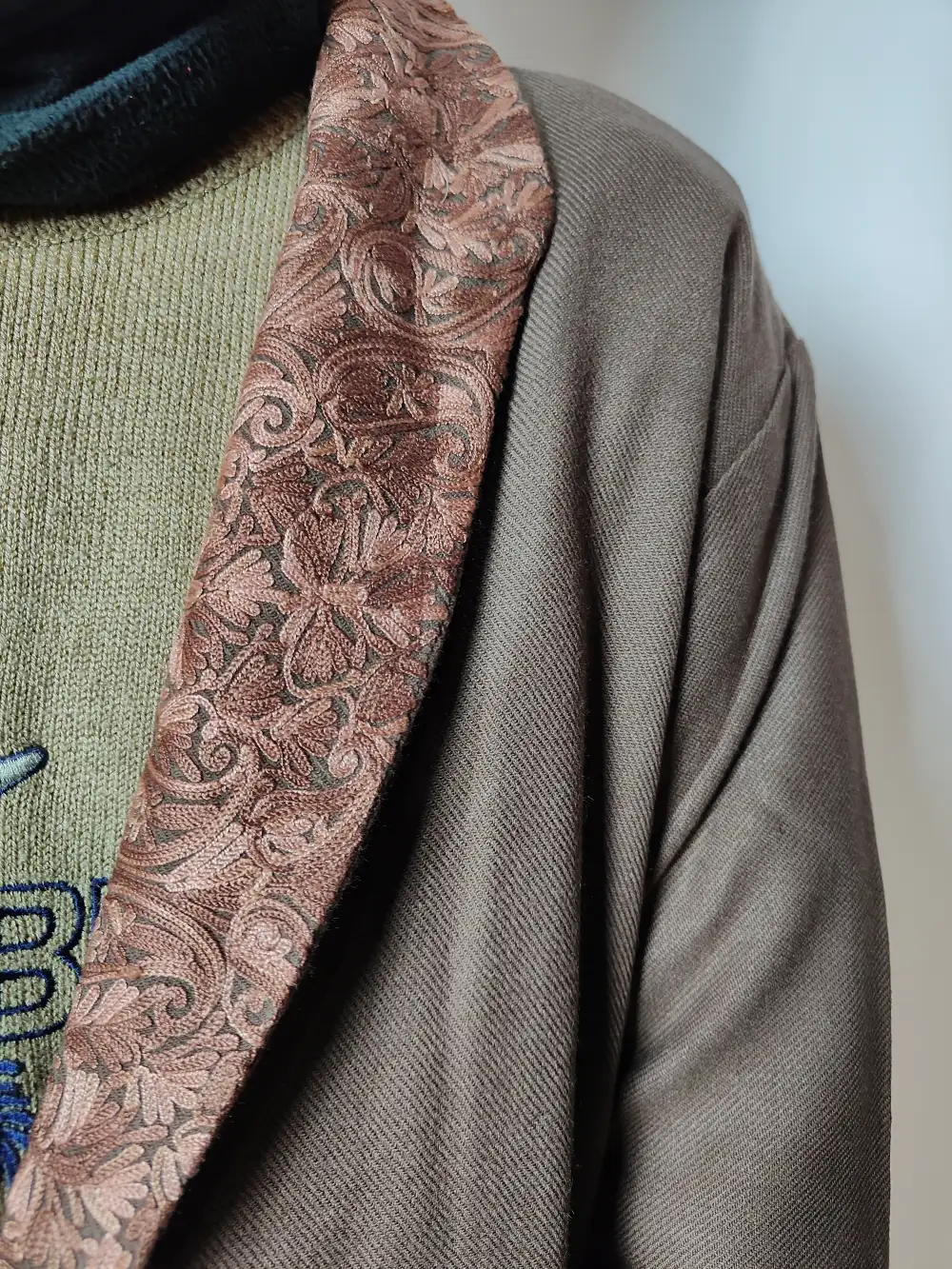 Sarapa Chocolate Brown Gown | Bathrobe Aari Embroidered in Cashmilon Wool - Image 3