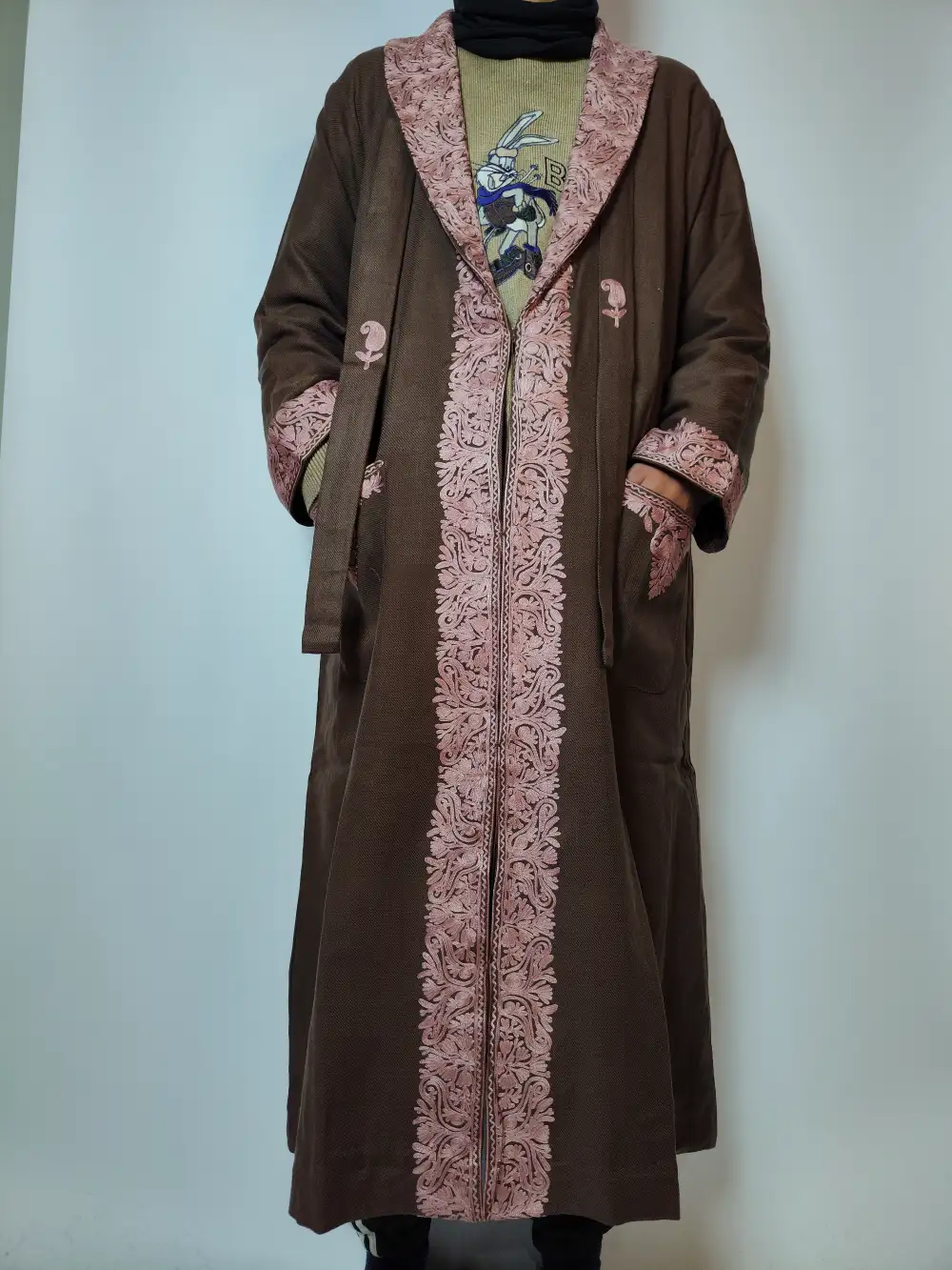 Cashmilon Wool Chocolate Brown Gown | Bathrobe with Aari Embroidery Afsar