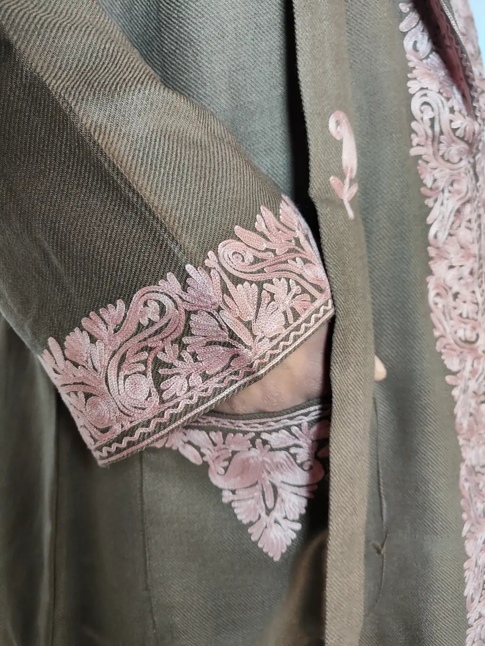 Cashmilon Wool Chocolate Brown Gown | Bathrobe with Aari Embroidery Afsar - Image 2