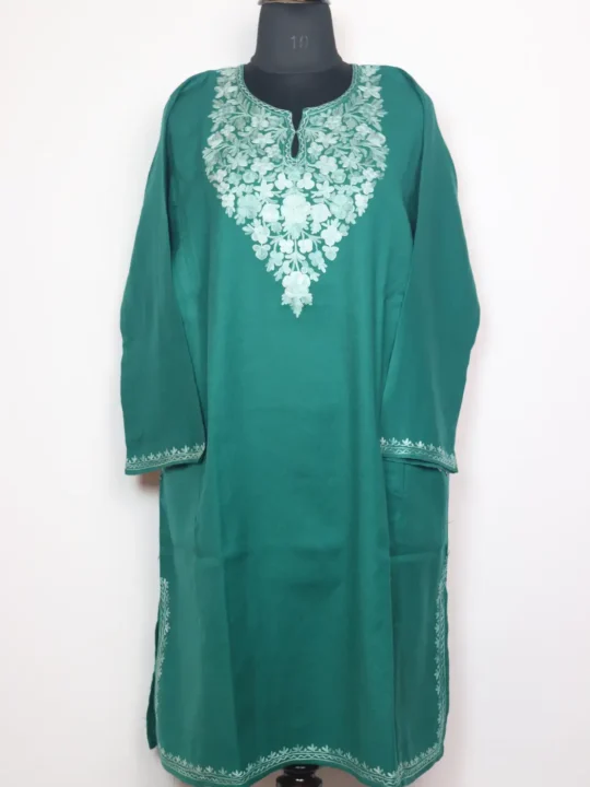 Nafazat Teal Green Cashmilon Wool Pheran With Aari Embroidery