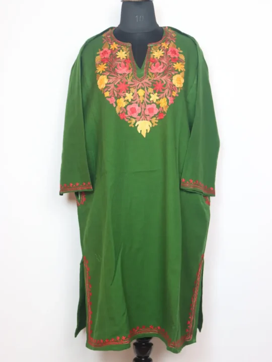 Dark Green Cashmilon Wool Pheran With Aari Embroidery Jalak
