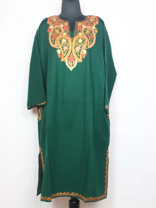 Dark Green Cashmilon Wool Waqar Pheran With Aari Embroidery