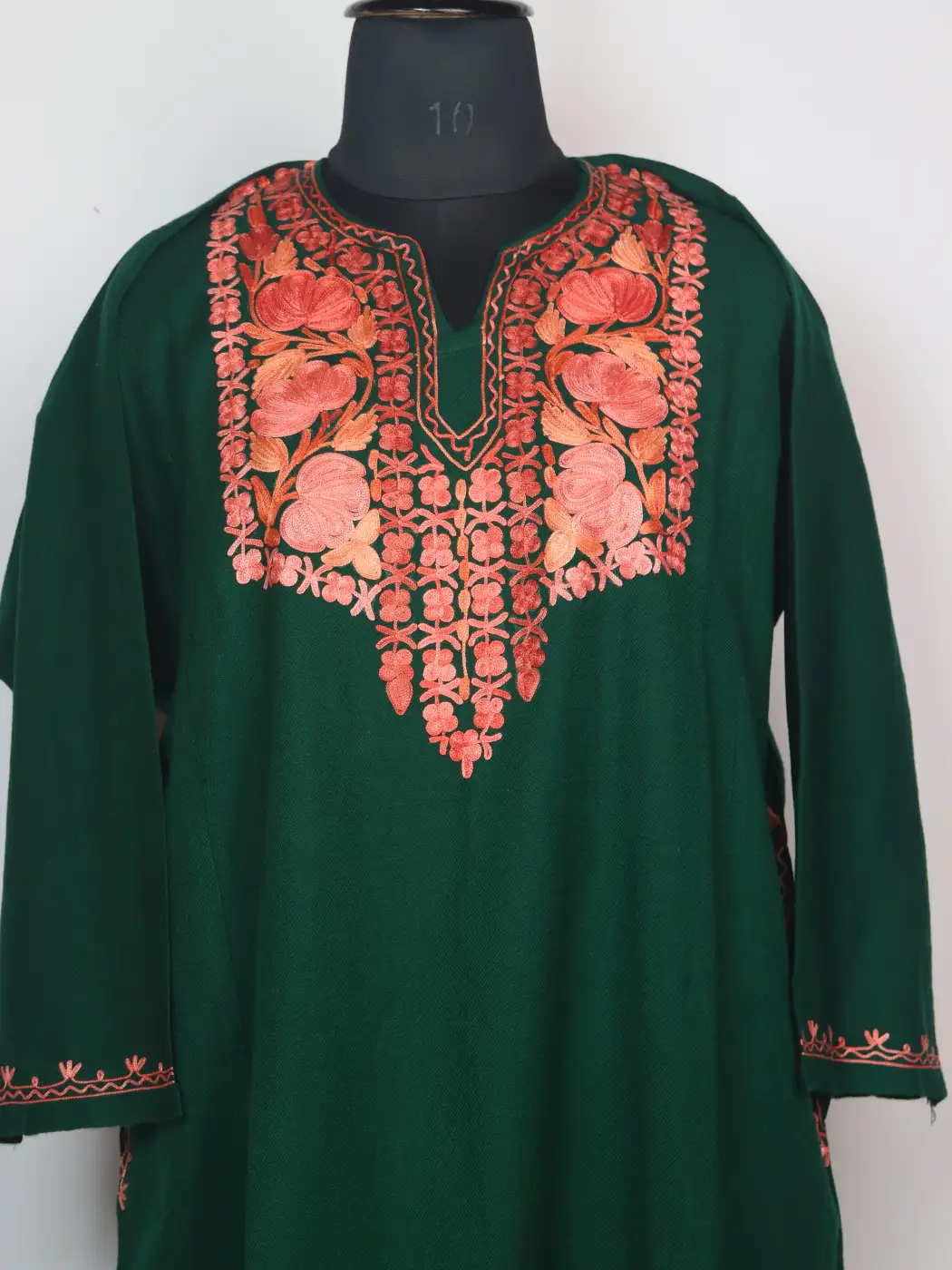 Shaan dark Green Kashmiri Cashmilon Wool Pheran With Aari Embroidery - Image 2