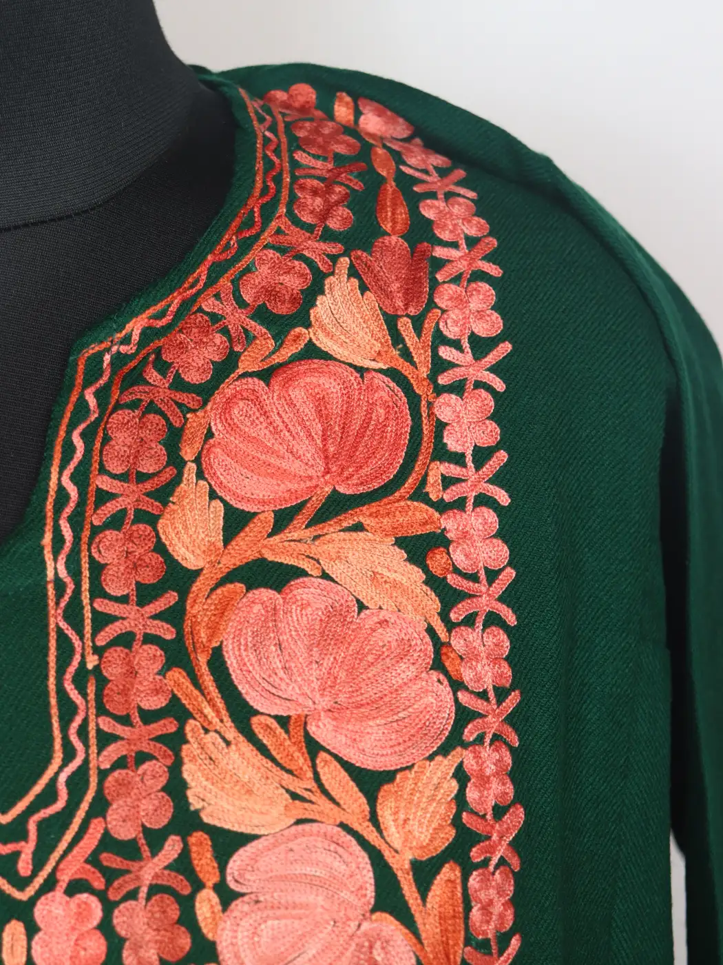 Shaan dark Green Kashmiri Cashmilon Wool Pheran With Aari Embroidery - Image 3