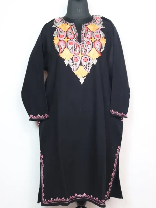 Cashmilon Wool Black Harwan Pheran With Aari Embroidery