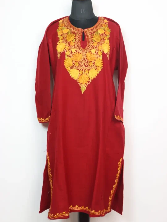 Cashmilon Wool Maroon Pheran With Shalimar Aari Embroidery