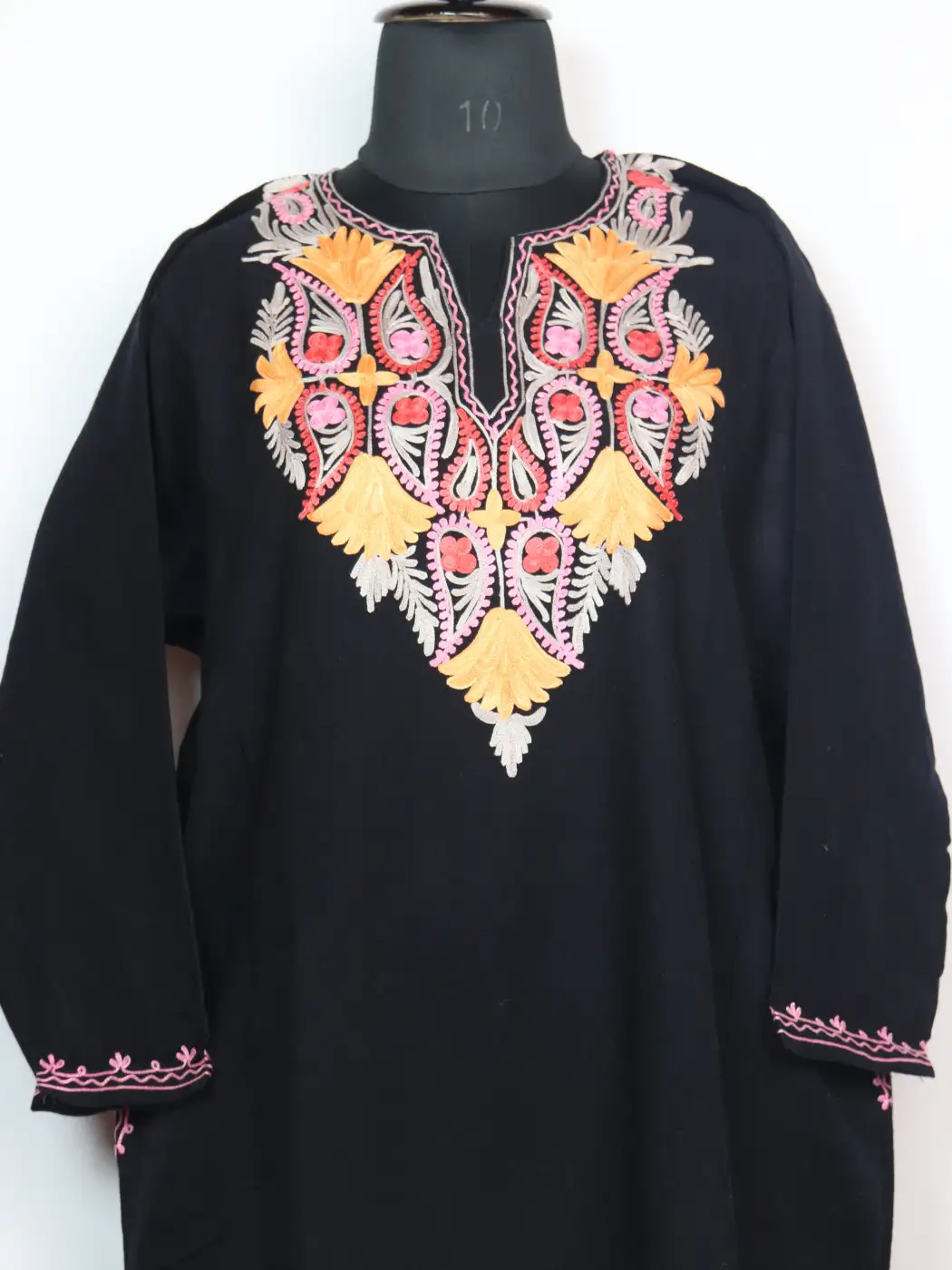 Cashmilon Wool Black Harwan Pheran With Aari Embroidery - Image 2