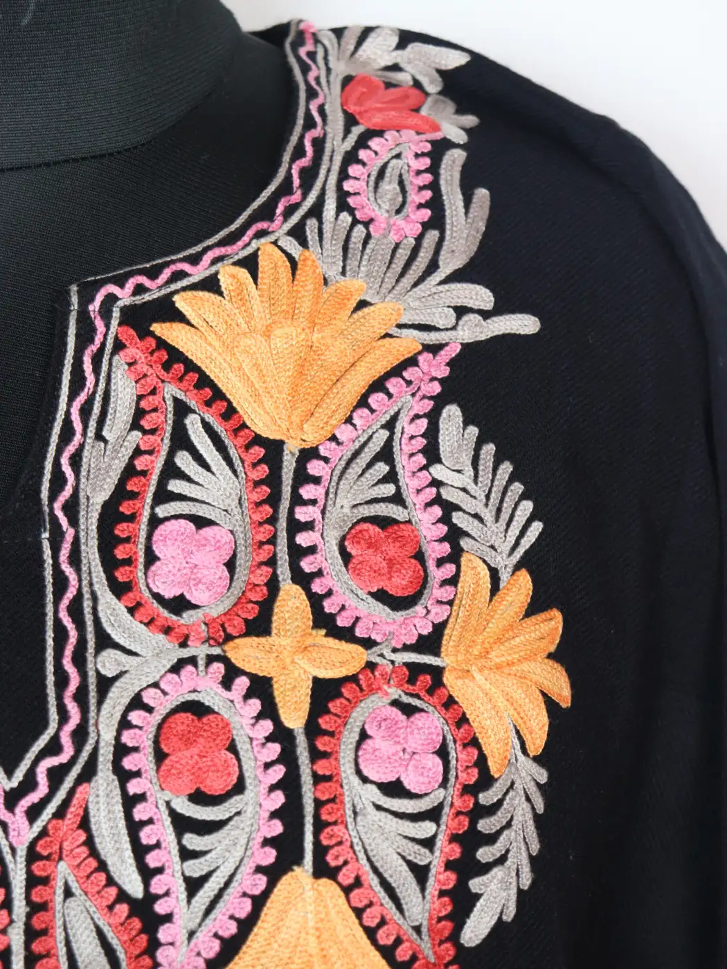 Cashmilon Wool Black Harwan Pheran With Aari Embroidery - Image 3