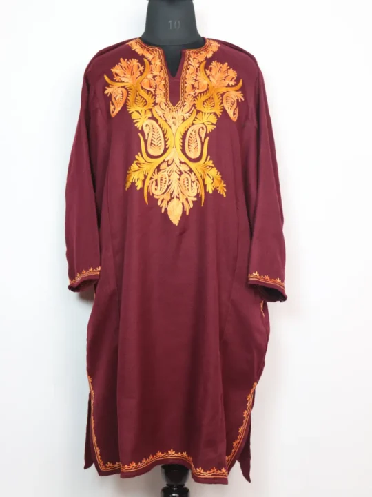 Wine Harwan Cashmilon Wool Pheran With Aari Embroidery