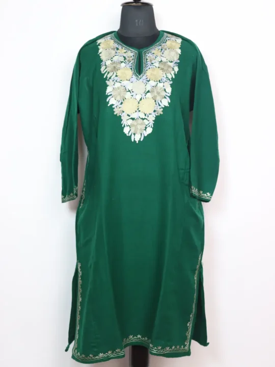 Shalimar Green Cashmilon Wool Pheran With Aari Embroidery