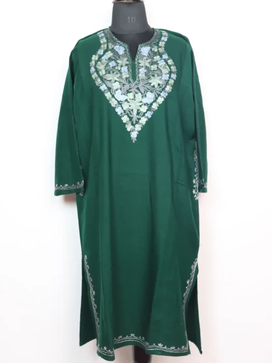 Dark Green Cashmilon Wool Harwan Pheran With Aari Embroidery