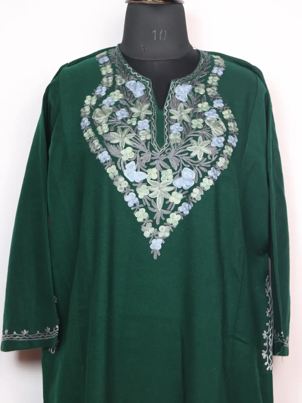 Dark Green Cashmilon Wool Harwan Pheran With Aari Embroidery - Image 2