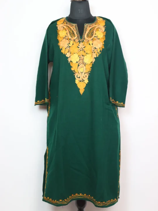 Shalimar Dark Green Cashmilon Wool Pheran With Aari Embroidery