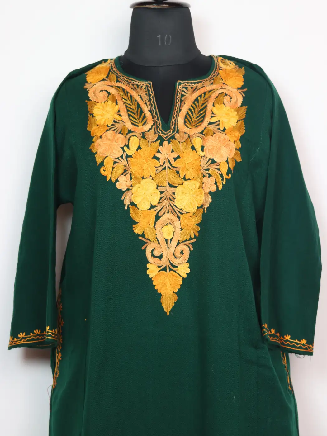 Shalimar Dark Green Cashmilon Wool Pheran With Aari Embroidery - Image 2