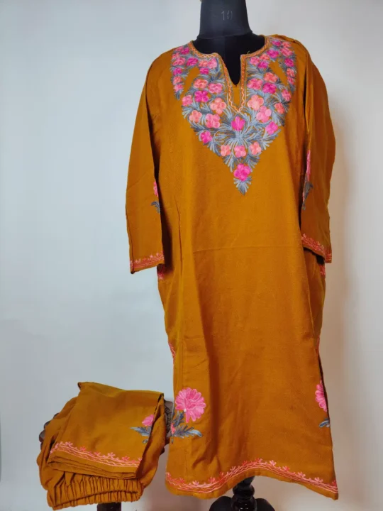 Mustard 2pc Pheran Set in Cashmilon Wool with Aari Embroidery