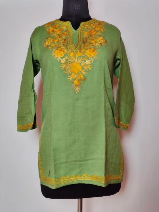 Light Green Cashmilon Wool Short Kurti with Aari Embroidery Nazakat