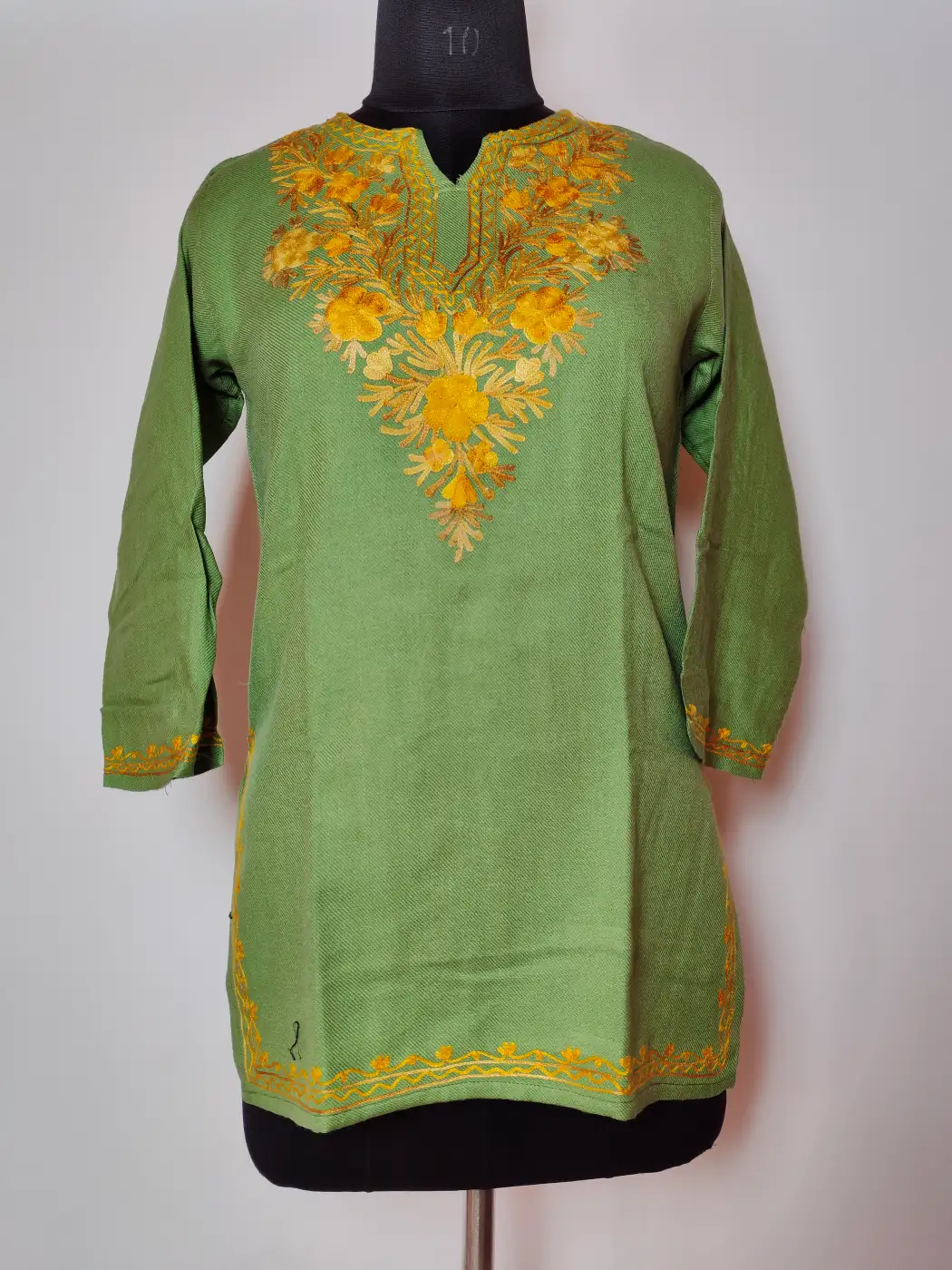 Light Green Cashmilon Wool Short Kurti with Aari Embroidery Nazakat