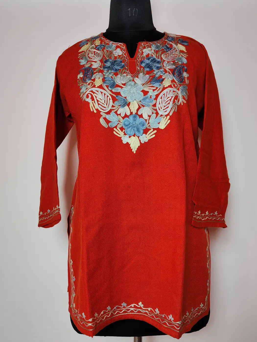 Rangrez Rustic Orange Cashmilon Wool Short Kurti with Aari Embroidery
