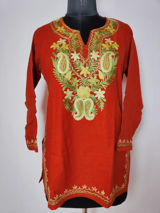 Rustic Orange Cashmilon Wool Short Kurti with Aari Embroidery Sadaf