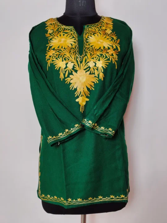 Noor Cashmilon Wool Green Short Kurti with Aari Embroidery
