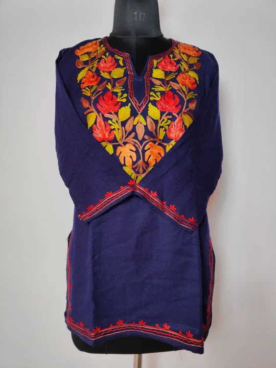 Dark Blue Zeenat Cashmilon Wool Short Kurti with Aari Embroidery