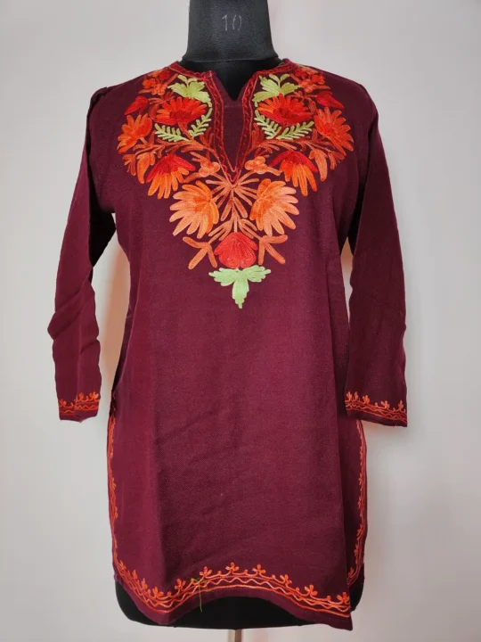Wine Ada Cashmilon Wool Short Kurti with Aari Embroidery
