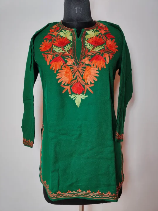 Green Cashmilon Wool Saaz Short Kurti with Aari Embroidery