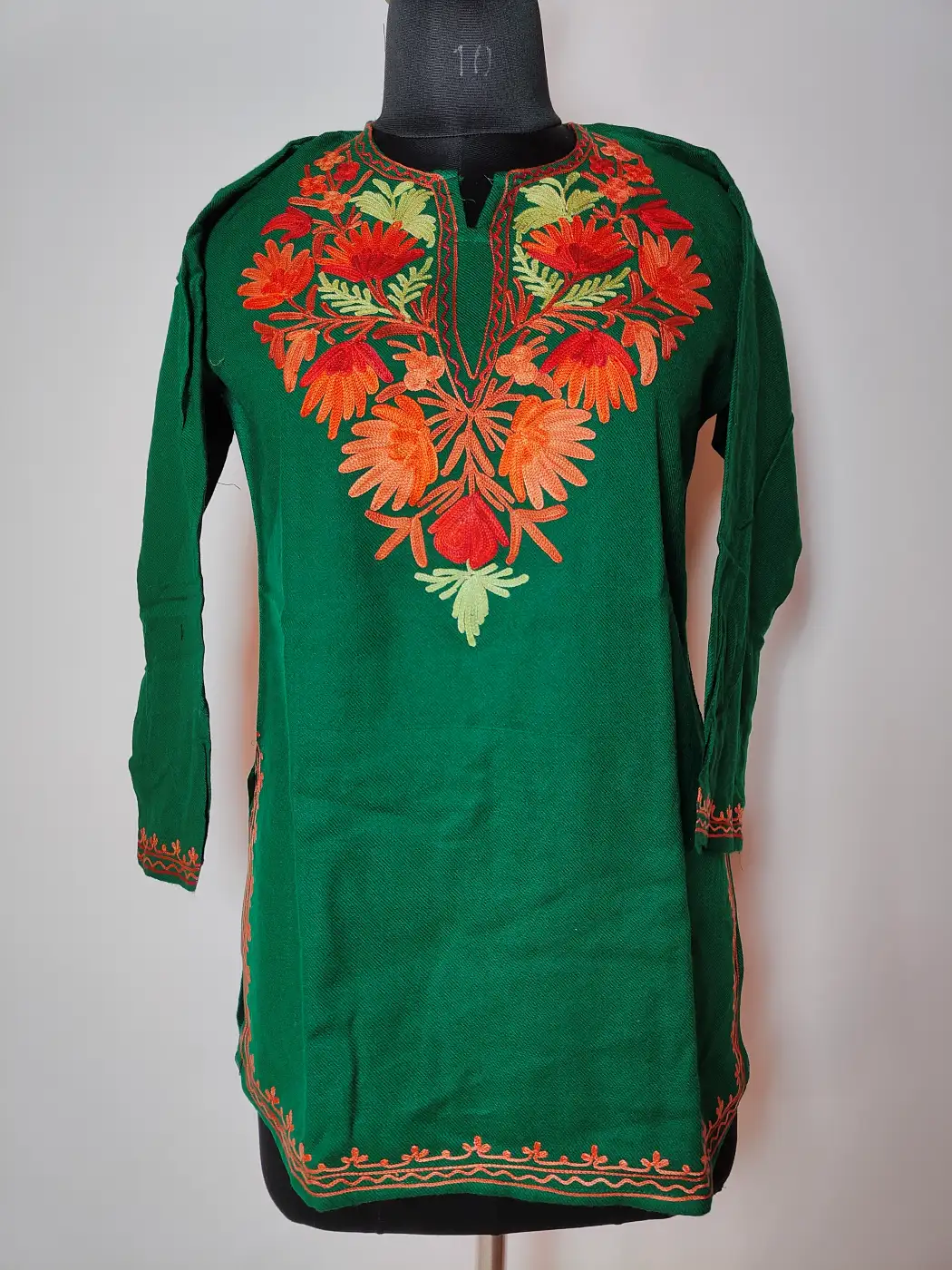 Green Cashmilon Wool Saaz Short Kurti with Aari Embroidery