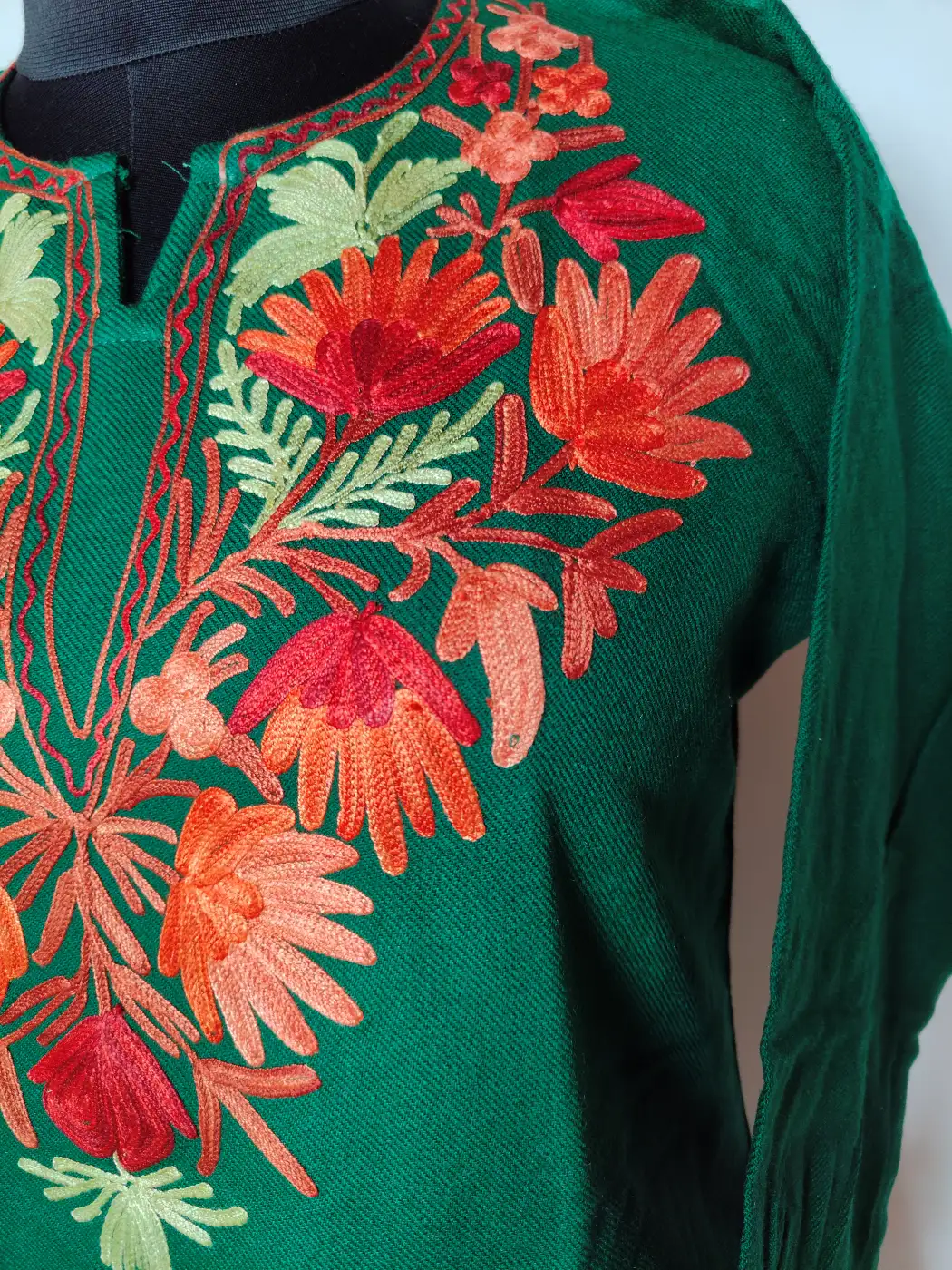 Green Cashmilon Wool Saaz Short Kurti with Aari Embroidery - Image 2