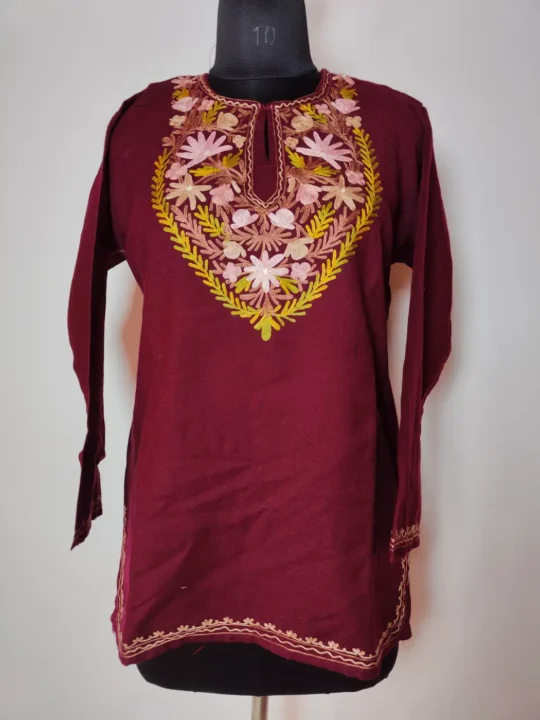 Roshni Cashmilon Wool Wine Short Kurti with Aari Embroidery