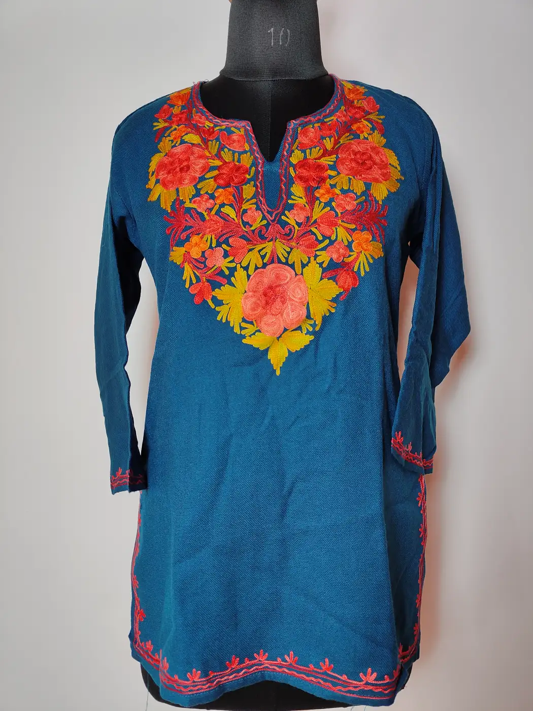 Cashmilon Wool Hunar Teal Blue Short Kurti with Aari Embroidery