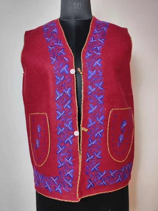 Maroon Blazer Tweed Sleeveless Nehru Jacket with Hand Aari Embroidery