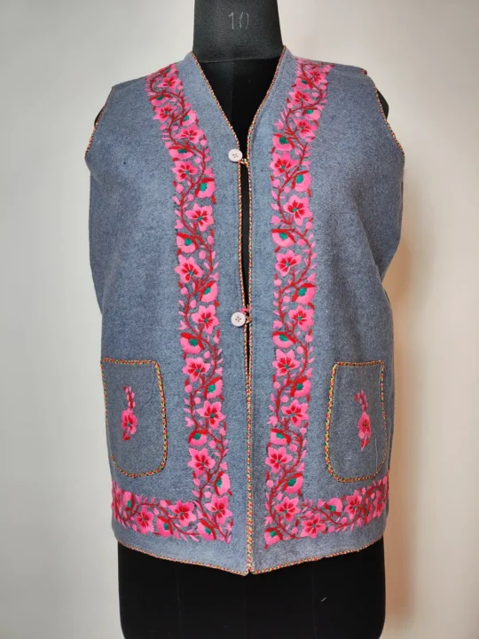Nazakat Grey Blazer Tweed Sleeveless Nehru Jacket with Hand Aari Embroidery