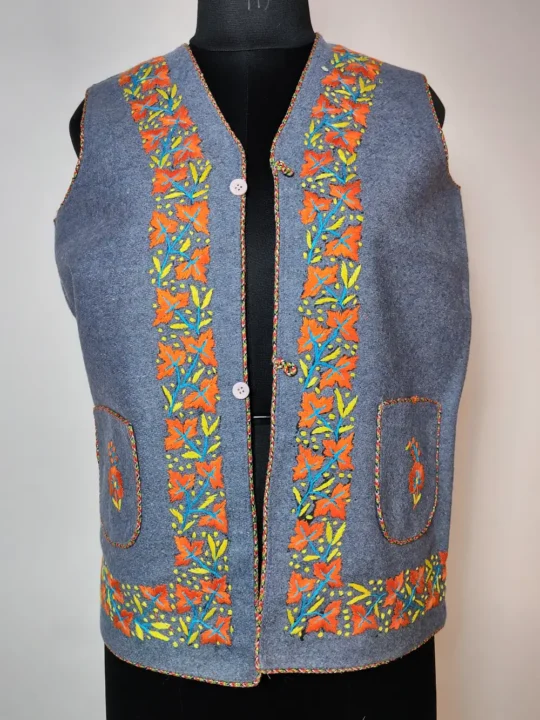 Afsana Dark grey Sleeveless Blazer Tweed Nehru JacketCoat with Hand Aari Embroidery