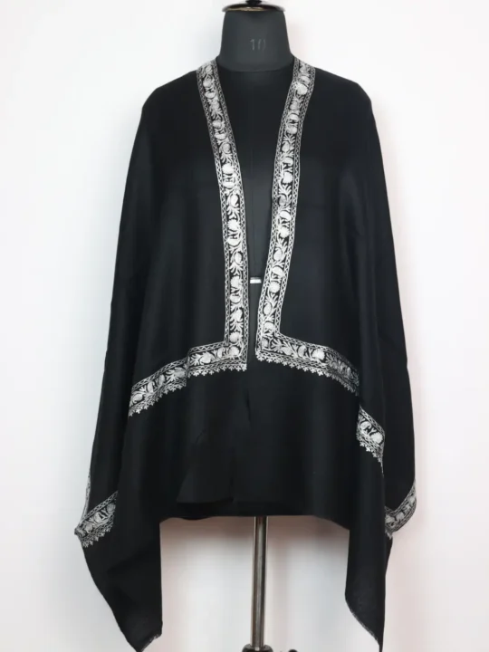 Shaan Kashmiri Black Pure Pashmina Stole with Zari Embroidery