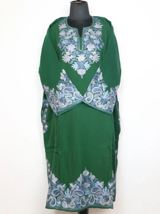 Nafees Green Raffal Wool Pheran With Sleeve and Border Aari Embroidery