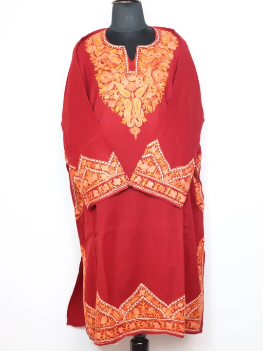 Maroon Raffal Wool Andaz Pheran With Sleeve and Border Aari Embroidery