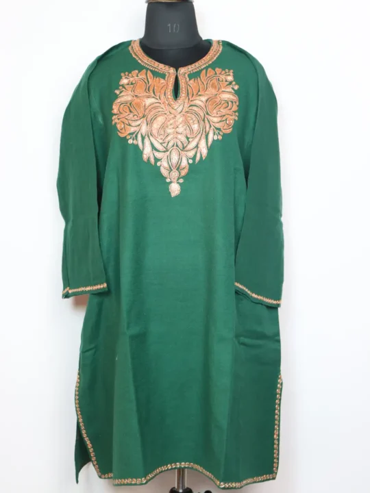Green Nafees Raffal Wool Pheran With Botte Tilla Embroidery