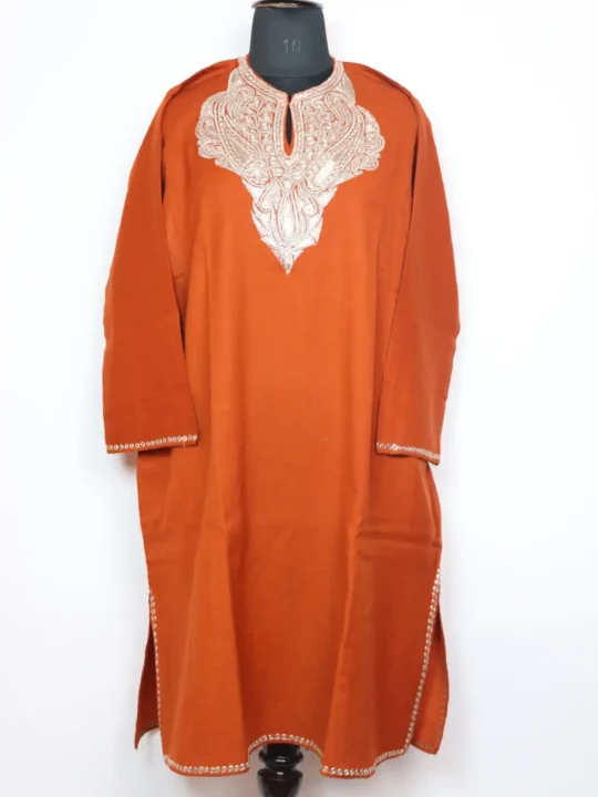 Rust Hidayat Raffal Wool Pheran With Botte Tilla Embroidery